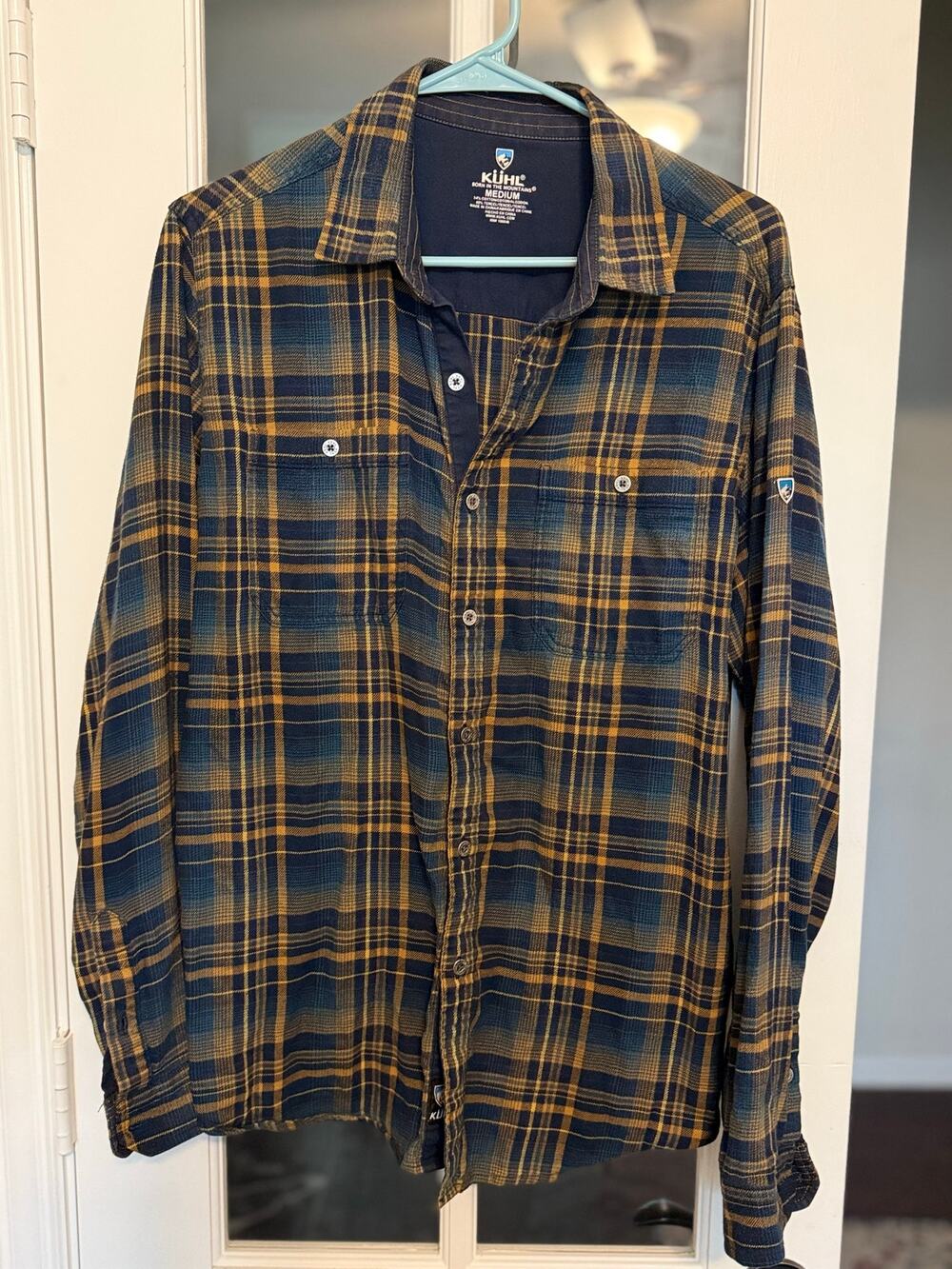 KÜHL Men’s Medium Plaid Long Sleeve Button Down Shirt Blue Mustard Tencel
